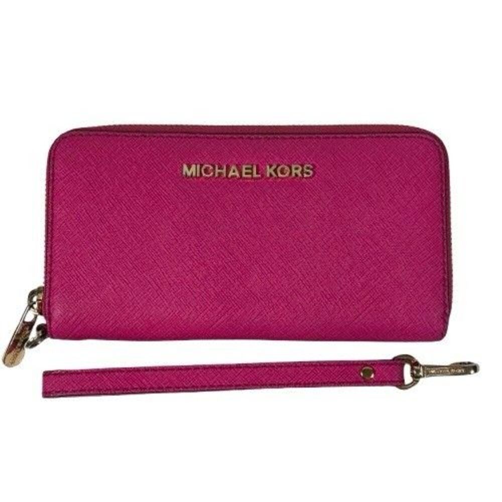 Michael Kors Jet Set Travel Continental Wristlet Wallet Pink Saffiano Leather